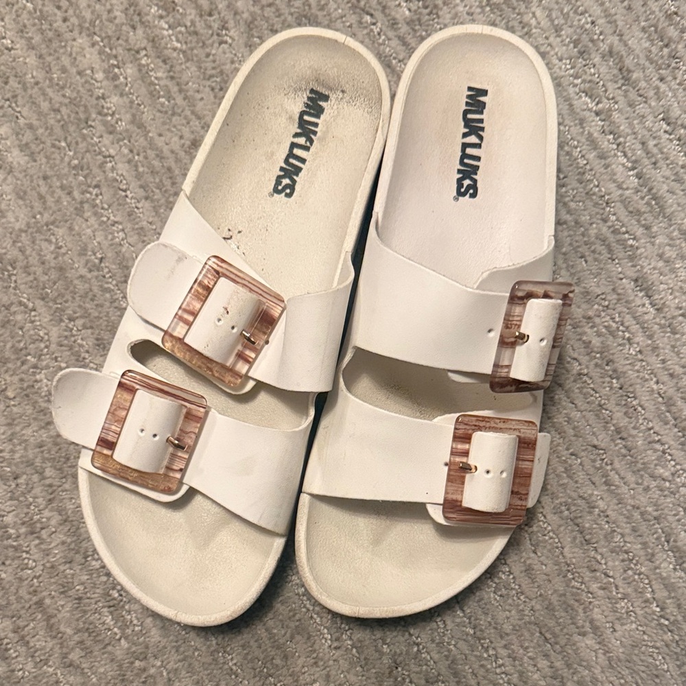 White Slide Sandals with Pink Buckles 7